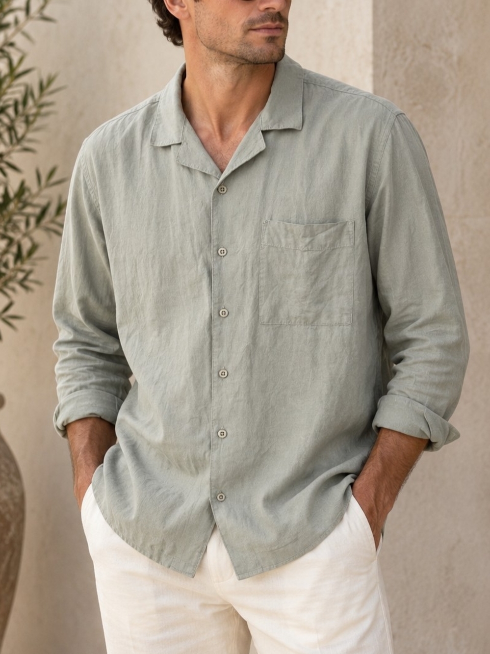 Onia Sage Green Linen Blend Long-Sleeve Camp-Collar Button-Down Shirt Size XL